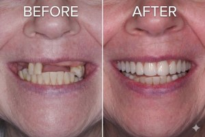 Before and after dental implants on a female patient
